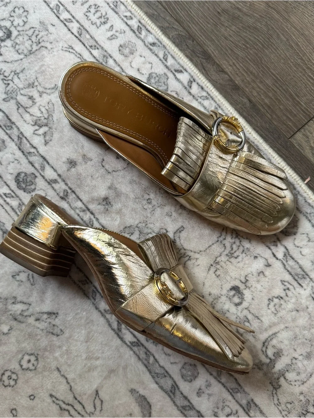 Tory Burch Women's Multi Logo Kiltie Mules-Shoes gold
